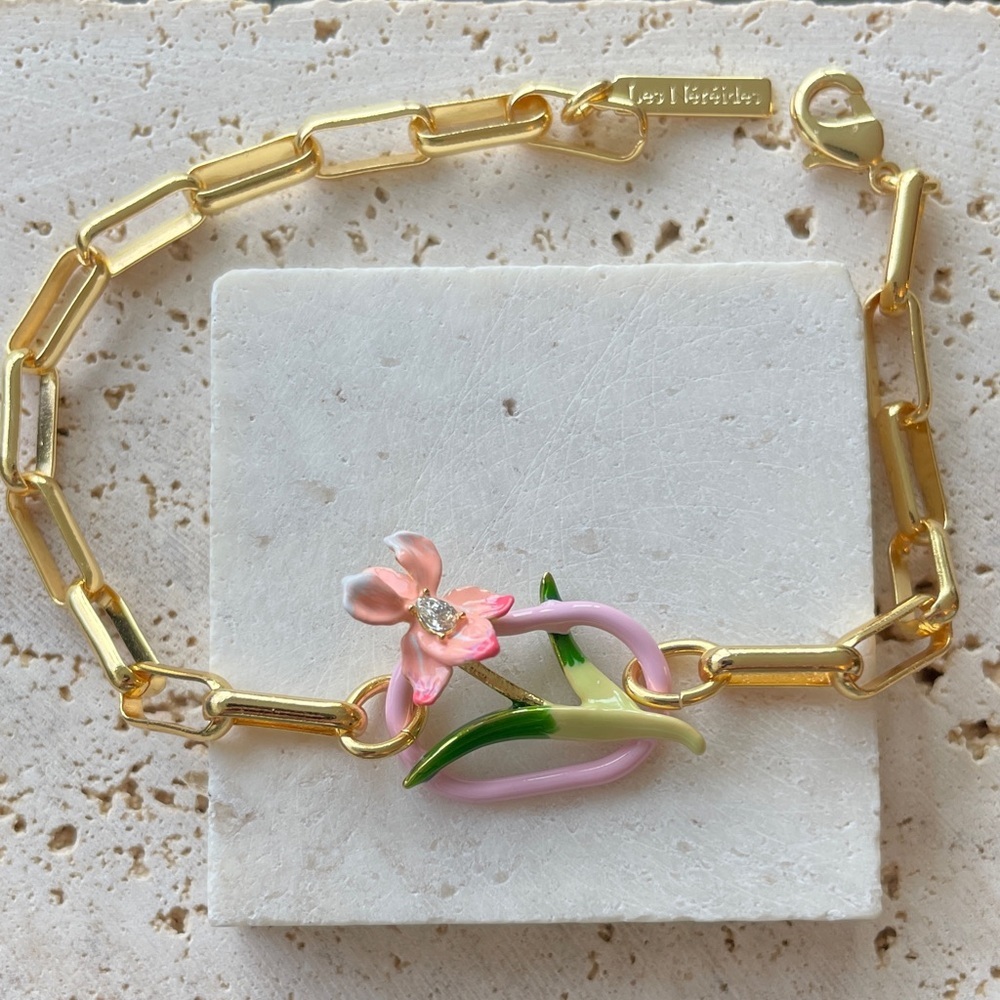 Les Nereides Gold Pink Floral Bracelet Romantic Statement Jewelry